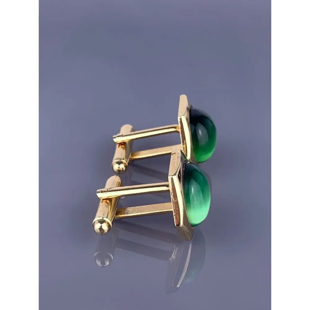 Green Round Cabochon Cufflinks Gold Tone Hexagon Simple Cats Eye Vintage